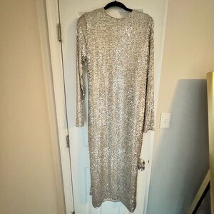 Silver Sequin Long Sleeve Dress